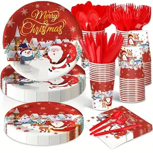 168 Pcs Christmas Party Supplies Set - Disposable Paper Tableware Kit with Santa & Snowman Design for Holiday Festive Dinnerware, Includes Plates, Napkins, Cups, Cutlery for 24 Guests