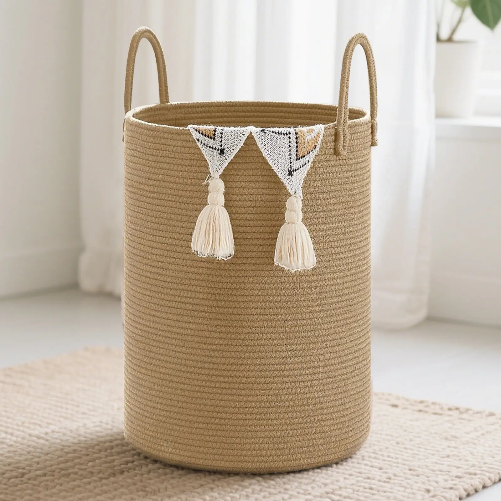 Large Woven Laundry Basket Hamper With Wheels, 60L Cotton Rope Storage Bin For Blankets, Toys, And Clothes,Wicker Laundry Basket For Living Room, Baby Nursery, Bathroom, And Bedroom .Grass yellow.