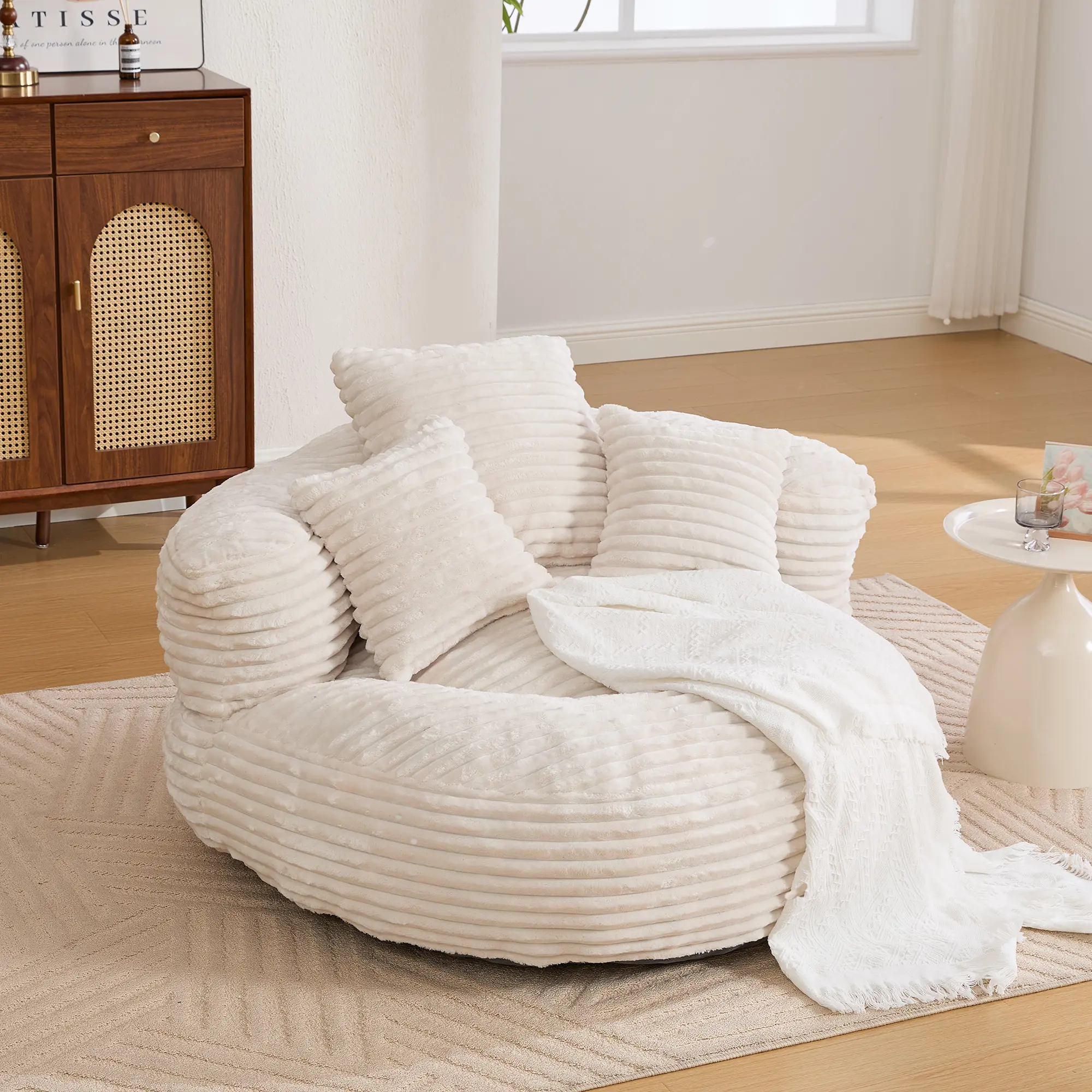 Sturdy Oversized Corduroy Bean Bag Sofa with Ergo Arms, 3 Pillows, Memory Foam Filling, Pre-Assembled Modern High-Back Bohemian Chair for Adults - Dorm, Living Room