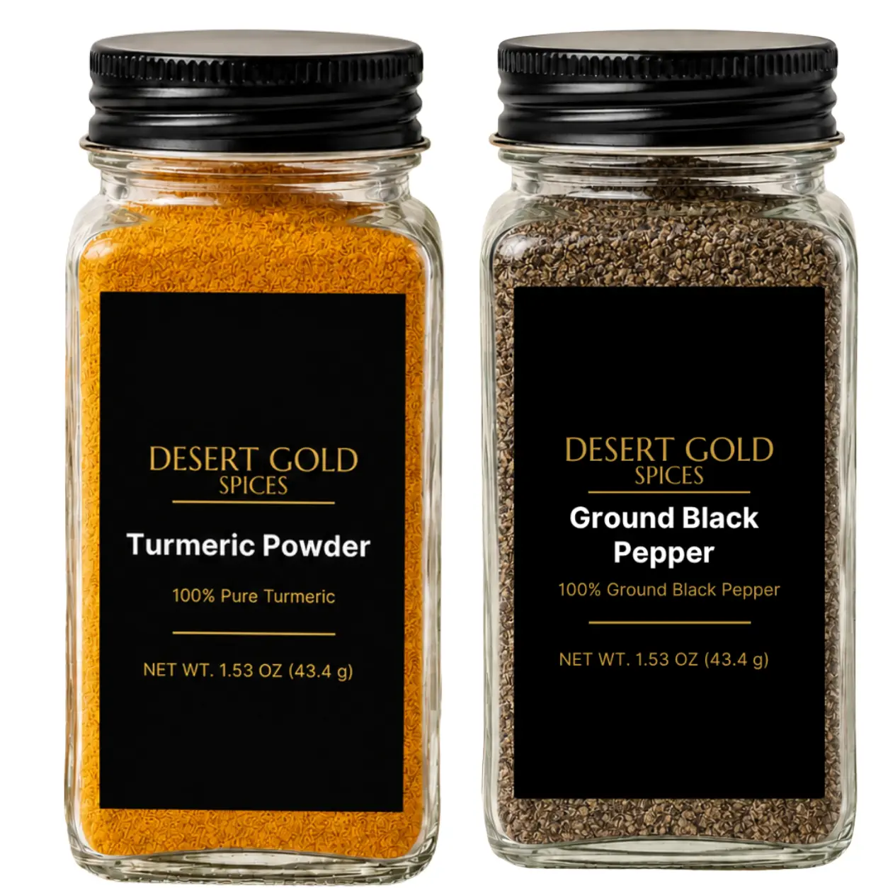 Desert Gold Spices Turmeric Powder & Ground Black Pepper 2-Pack - 2 x 1.53 oz Glass Jars, Pure Cooking Seasonings for Daily Use