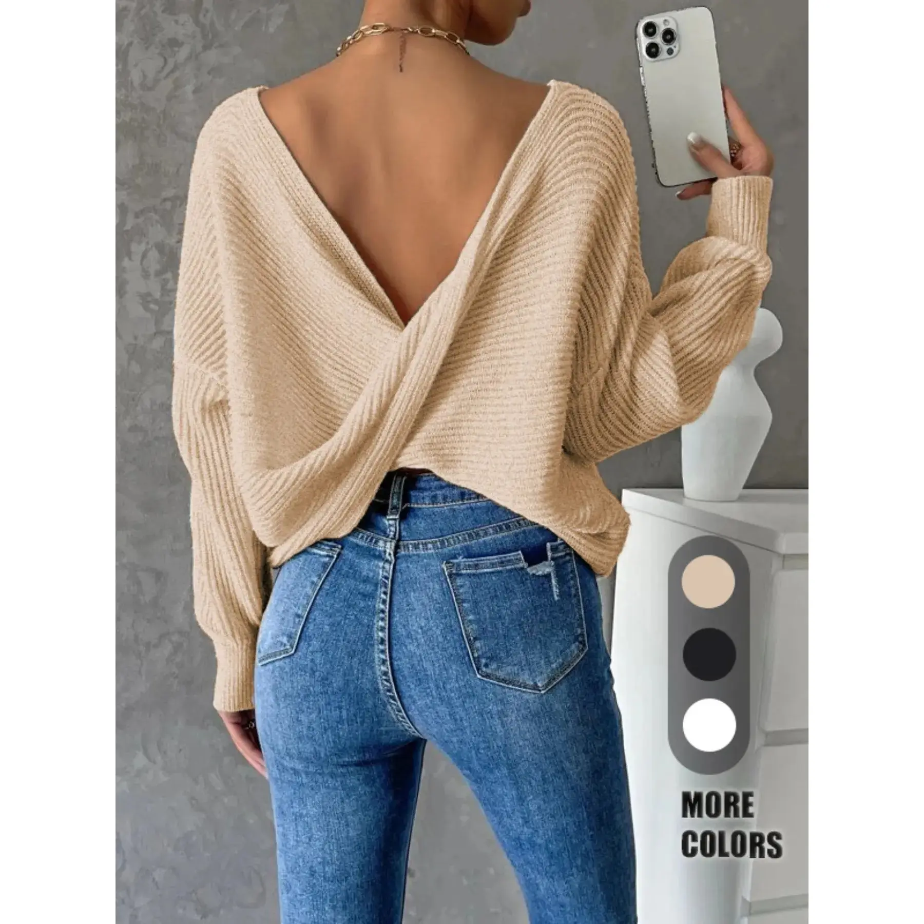 Women's Basic Plain Wrap Backless Drop Shoulder Long Sleeve Knitting Sweater Top, Y2K Style Trendy Elegant Scoop Neck Jumper for Spring & Fall, Women's Knitwear for Casual Daily Wear, Casual Fashion Knitwear, Womenswear Piece