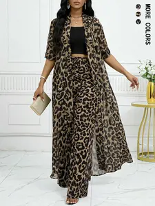 Women's Long Leopard Print Loose Shirt Jacket and Wide Leg Pants Set, Stylish Summer for Casual Wear, Trendy Animal Print Ensemble
