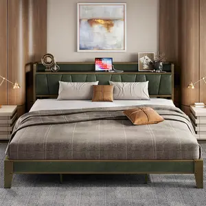 King Bed Frame, Storage Headboard with Charging Station, Solid and Stable, Noise Free, No Box Spring Needed, Easy Assembly (Dark Green)