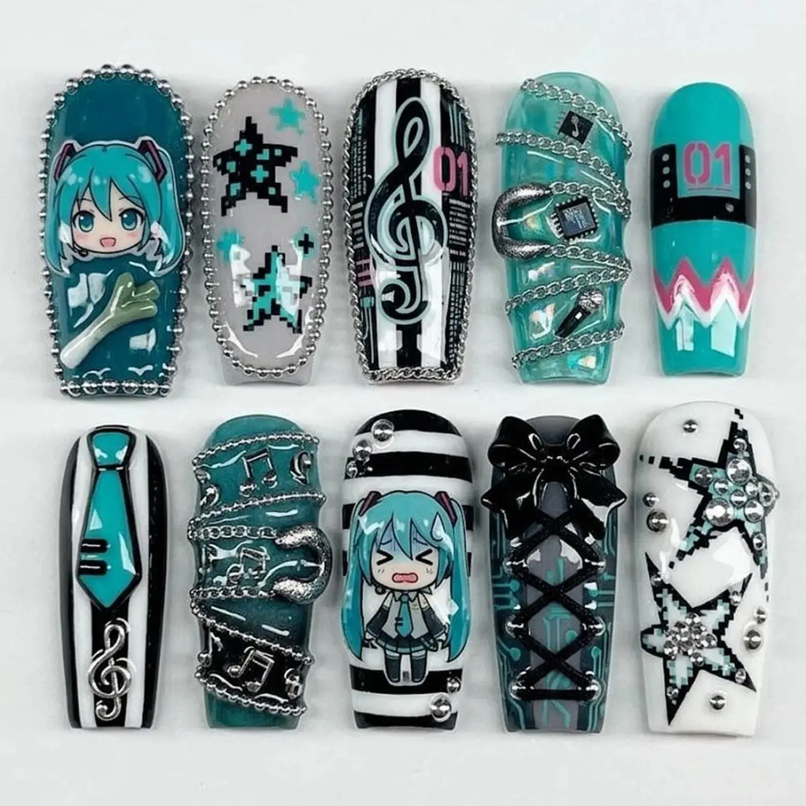 Handmade Hatsune Miku Press On Nails / Anime Music Nail Art / Vocaloid Inspired Nails / Teal Black Trendy Nails / Kawaii Set
