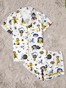 Women's Spooky Adventure Cartoon Girl Print Pajama Set, Short Sleeve Button Down 2-Piece Loungewear, Whimsical Fantasy Sleepwear with Yellow Trim， Perfect for Halloween Nights & Sleepovers，Stylish Sleepwear for Fantasy Fans & Young Adults，summerween