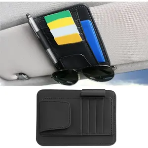 Leather Car Sun Visor Organizer Clip, Universal Car Truck Visor Document Holder with Sunglasses Clip, Auto Visor Pocket Storage for Bill Card Registration/Driving License Pen (Black)