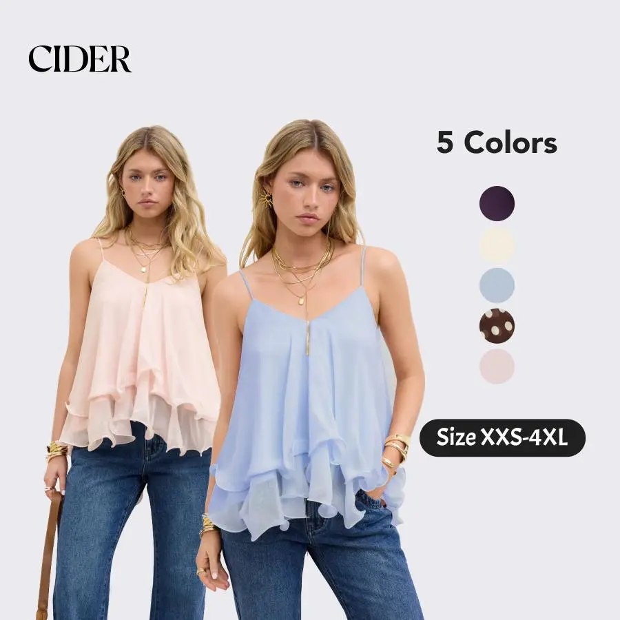 Cider Women's Layered Mesh Cami Top, Fitted Sleeveless Tank with Knotted Detail and Ruffle Hem, Basic, Mesh Ruffle Women's Tanks & Camis, Ruffle Cut Women's Tanks & Camis