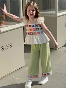 2-Piece Girls' Tank Top Set, Flutter Sleeve, Ruffled Hem, Ethnic Ribbon, Striped Pants, Casual Fashion, Summer Festival Party
