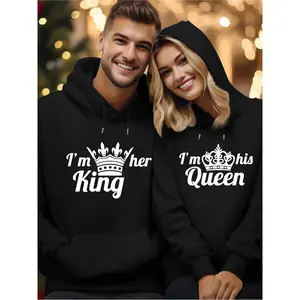 Men's Plus-Size "I'm Her King/His Queen" Couples Sweater - Double-Sided Printed Matching Outfits, Soft Blend Fabric, Loose-Fit Hooded Pullover for Travel & Casual Wear, Machine Washable (Red/White Text) - Valentine's Day Gift, Themed Events & Everyday Mat