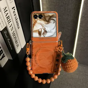 Orange Velvet Pattern Magnetic Case With Persimmon Beads Chain For Motorola Razr50 Razr 50 Ultra Razr60 60 ultra Back Cover