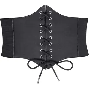 Women's Lace-up Corset Elastic Waist Belt, Tied Waspie Wide Belt for Women Halloween Costume
