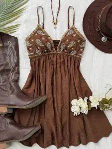 Boho Summer Mini Dress - Brown Spaghetti Strap Backless Ruched A-Line Print for Beach Holiday