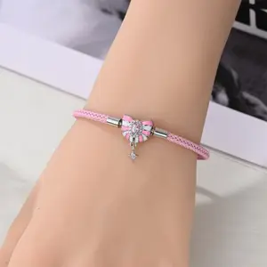 925 Sterling Silver Kawaii Pink Bow Tie & Star Charm Bracelet for Girls