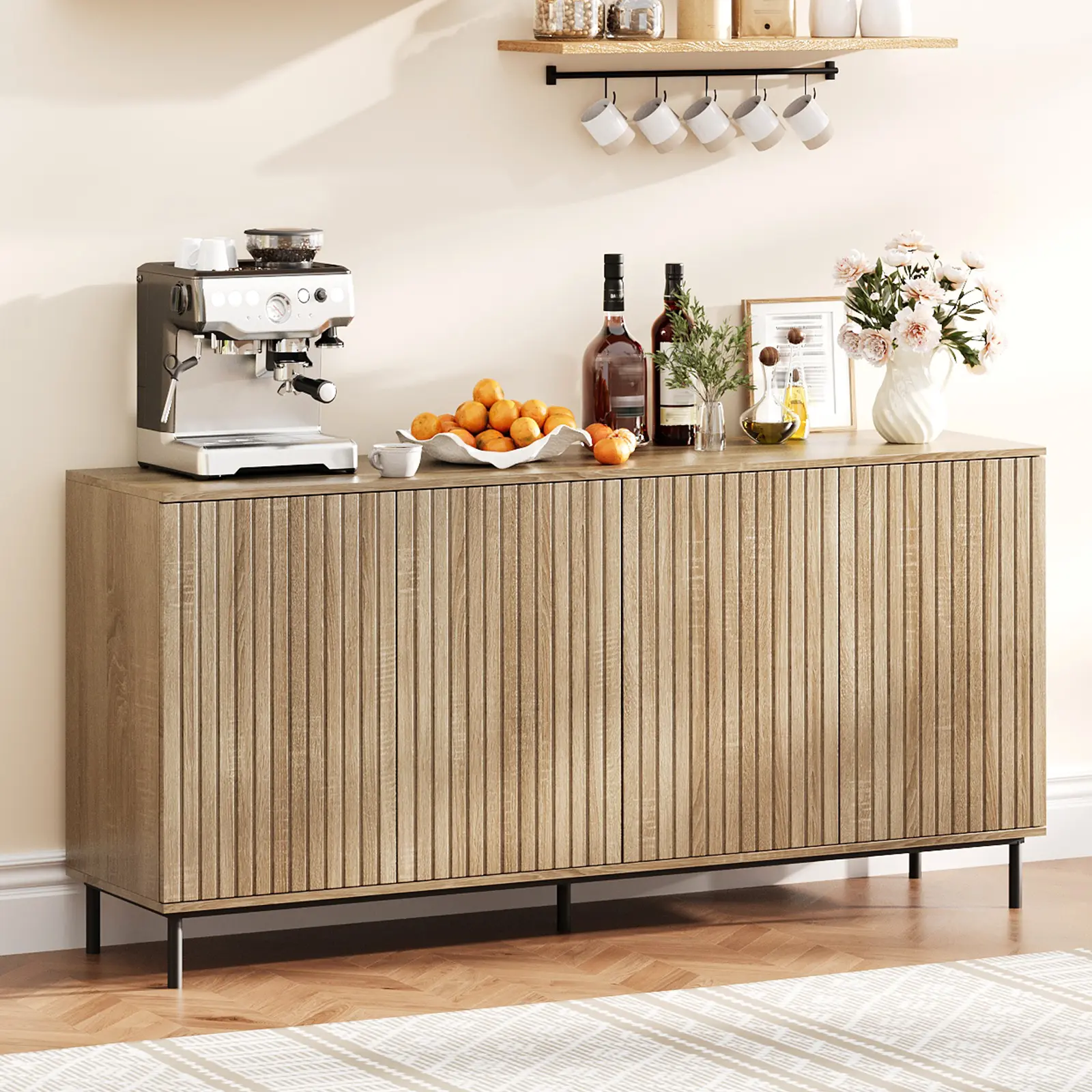 63" Fluted Sideboard Cabinet, Modern 4-Door Buffet Credenza with Adjustable Shelves & Metal Legs, Storage Console for Dining Room Living Room