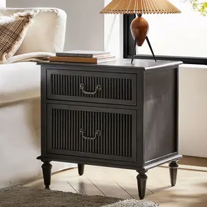 HULALA HOME  Farmhouse Transitional Solid Wood End Table Set of 2 with Built-in Power Outlet, Spindle Legs & Storage Drawers – Ideal for Living Room, Bedroom, Sofa Side & Small Space Organization