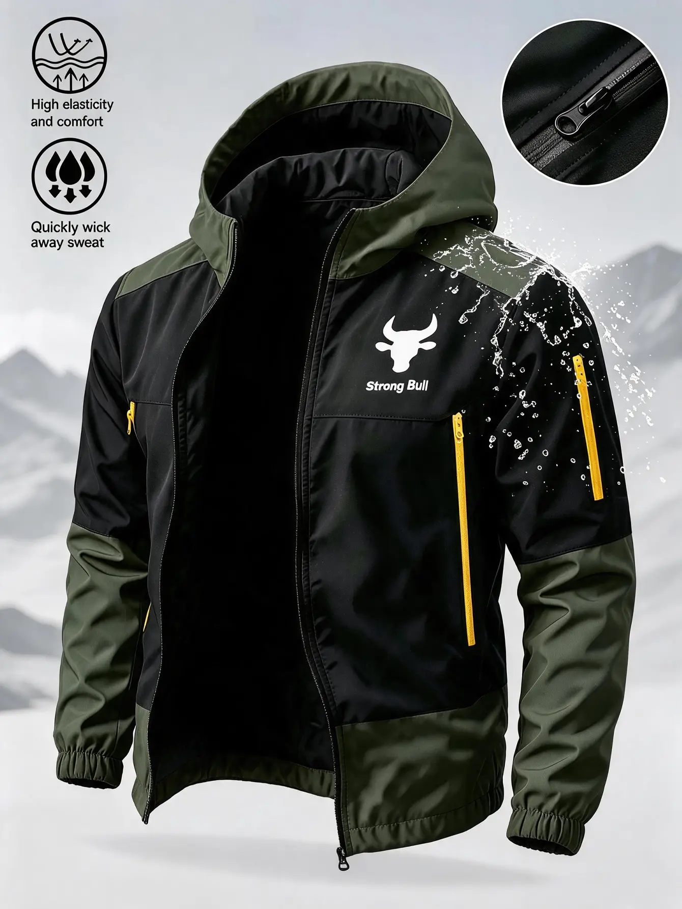 Men’s Colorblock Bull Print Hooded Hardshell Jacket - Wear-Resistant Lightweight Polyester Outerwear, Waterproof, Breathable, Quick-Drying, Windproof, Bright-Colored Zipper, Multiple Pockets, Elastic Cuffs, Outdoor Hiking Gear, Colorblock Jacket, Wear Res