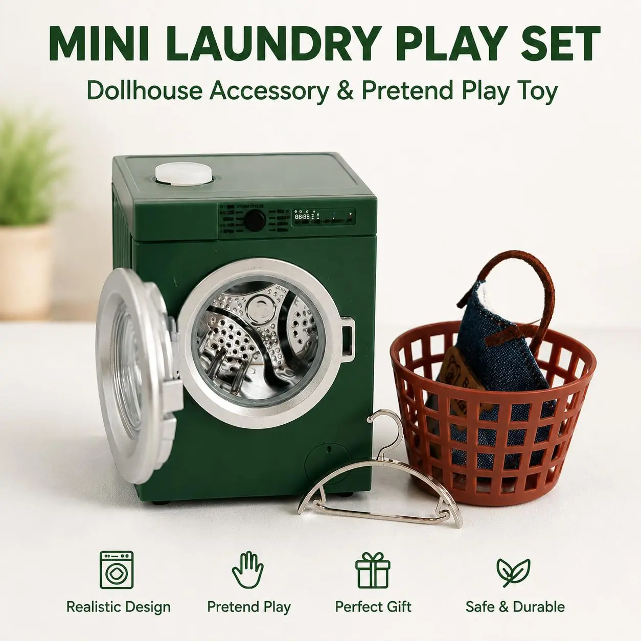 Mini Washing Machine Toy Set for Kids – Dollhouse Laundry Play Set with Basket & Hanger | Pretend Play Educational Toy Gift for Girls