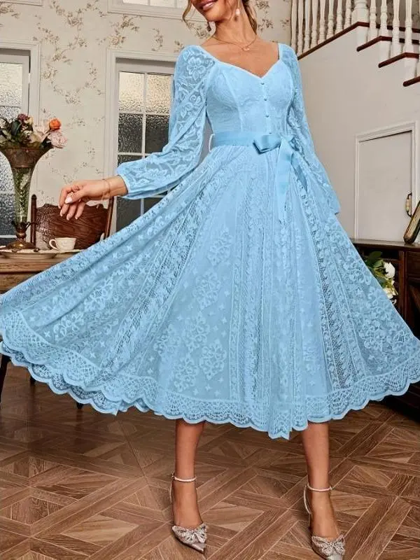 Women's Western Wedding Guest Elegant Gown - Chic Long-Sleeve Sweetheart Neck Belted Polyester Lace A-Line Formal Wedding Dress, Below Knee, Fitted Cut, Machine Washable, Milky Fabric Womenswear Vneck