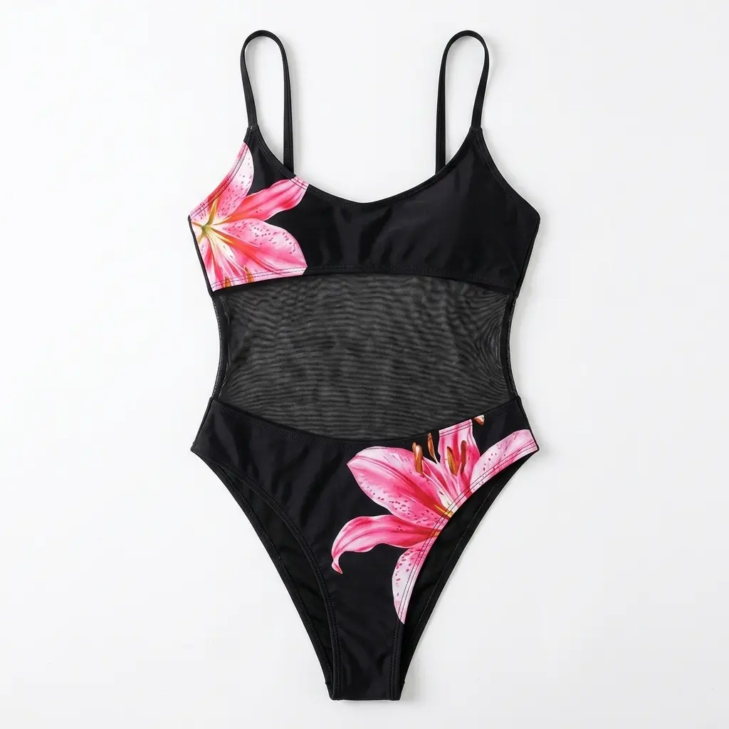 Women's 1-Piece Bandeau Tummy Control Swimsuit - Black Sheer Mesh with Pink Lily Flower Print, High-Cut Girly Swimdress for 2026 Summer Sports Comfort, Flower Print Swimsuit, Sheer Mesh Swimsuit