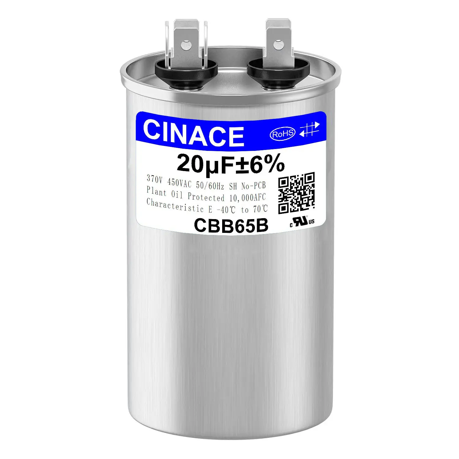 CINACE 20μF 20 MFD ±6% CBB65B Round Dual Run Circular Start Capacitor, 370/450VAC 50/60Hz, AC Compressor & Fan Motor Capacitor for Air Conditioner, Condenser Straight Cool, Heat Pump, HVAC System, Ice Maker