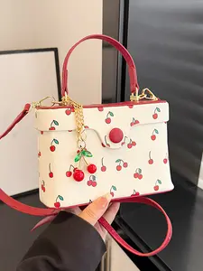 Cute cherry handbag, crossbody box bag, casual mobile phone bag, small and exquisite print, crossbody, single shoulder, multiple carrying methods, niche fashion, daily versatile commuter bag, suitable for shopping, Fashionable Patterned Bag