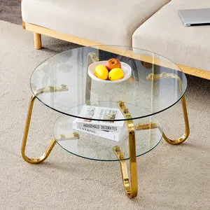 Glass Coffee Table Round Modern Living Room Table, Luxury Stainless Steel Irregular Leg Tempered Glass, Circle Sofa Center Table for Home Office, 31.5" Clear