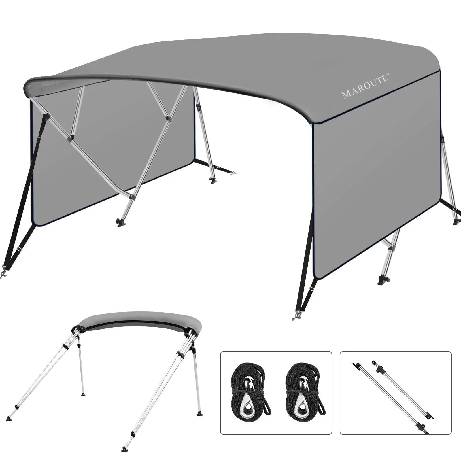 Gaomon 4-Bow Bimini Top - Aluminum Frame, Waterproof PU-Coated Marine Fabric, Adjustable Rear Support Poles, Straps, Quick Setup (8'L x 54"H x 91"-96"W) Fishing Boat Accessories for Outdoor Boating Sun Protection