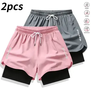 Set of 2 women’s casual athletic shorts with striped print, built-in lining, drawstring, and elastic waistband — suitable for fitness, lightweight summer shorts, women’s clothing, summer womenswear, running, and casual wear