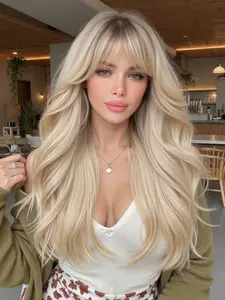 Wig, Long Curly Hair for Women, Daily Party Wear, Bangs 24 Inches, High Temperature Resistant Rose Net, Realistic Comfort, Stylist Friendly Wig, Synthetic Material Wigs