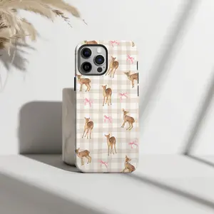 Gingham Deer & Pink Bow Phone Case, Neutral Tone, Girly Aesthetic