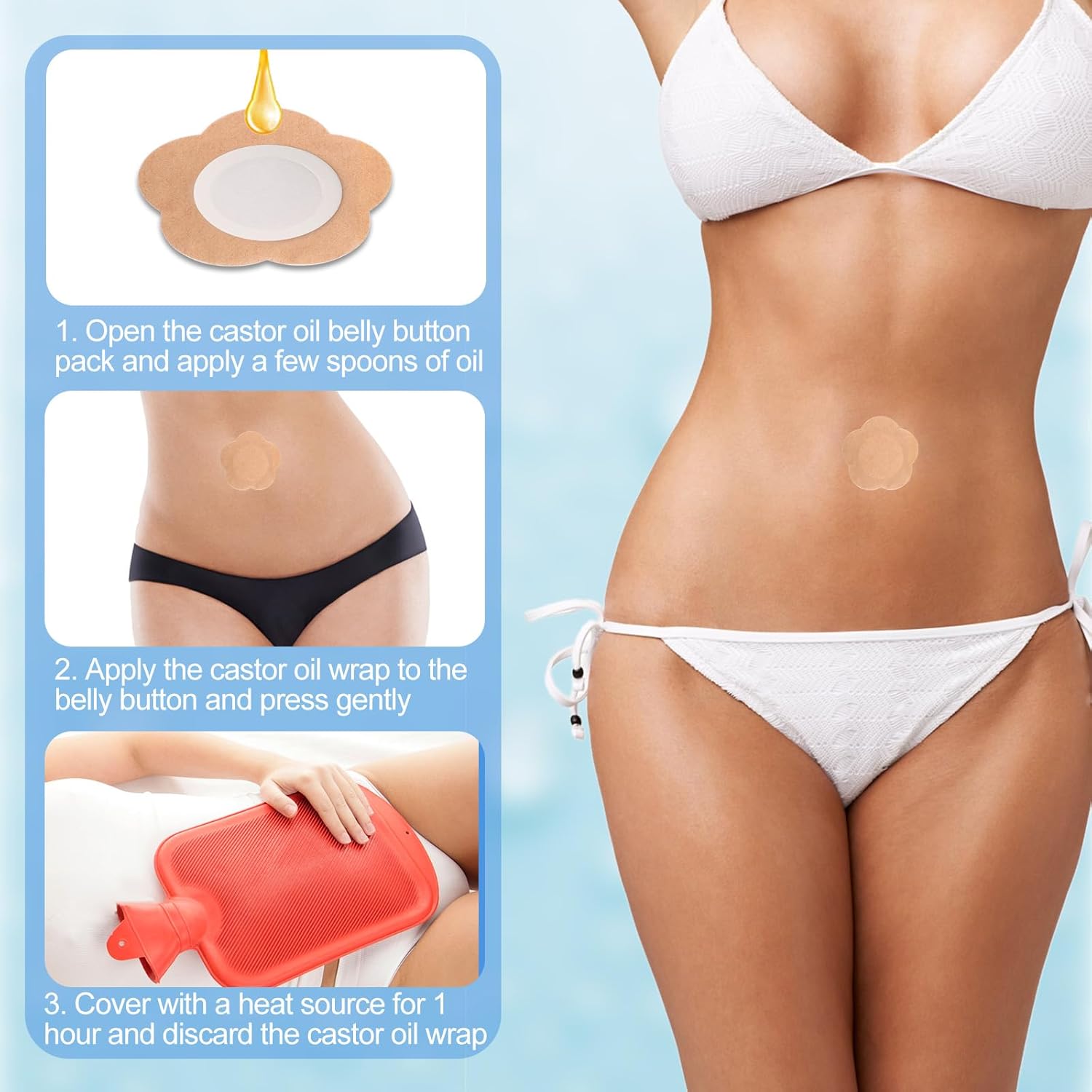 60 Pcs Plum Blossom Castor Oil Pack Wrap for Belly Button, Self-Adhesive Disposable Spunlace Cloth Castor Oil Belly Button Patch with Cotton, Oils Not Included (Skin Color)