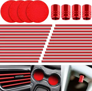 28 Pcs Car Interior Accessories Including 20 Pcs Car, Decoration Strip, 4 pcs Non-Slip Silicone Car Cup Coaster, 4 pcs Car Tire Valve Stem Caps