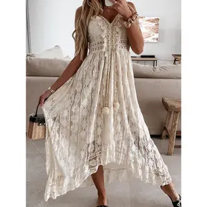 Women's Summer Dresses Sleeveless Lace Casual Tassel Beach Spaghetti Straps Flowy Maxi Sun Dress