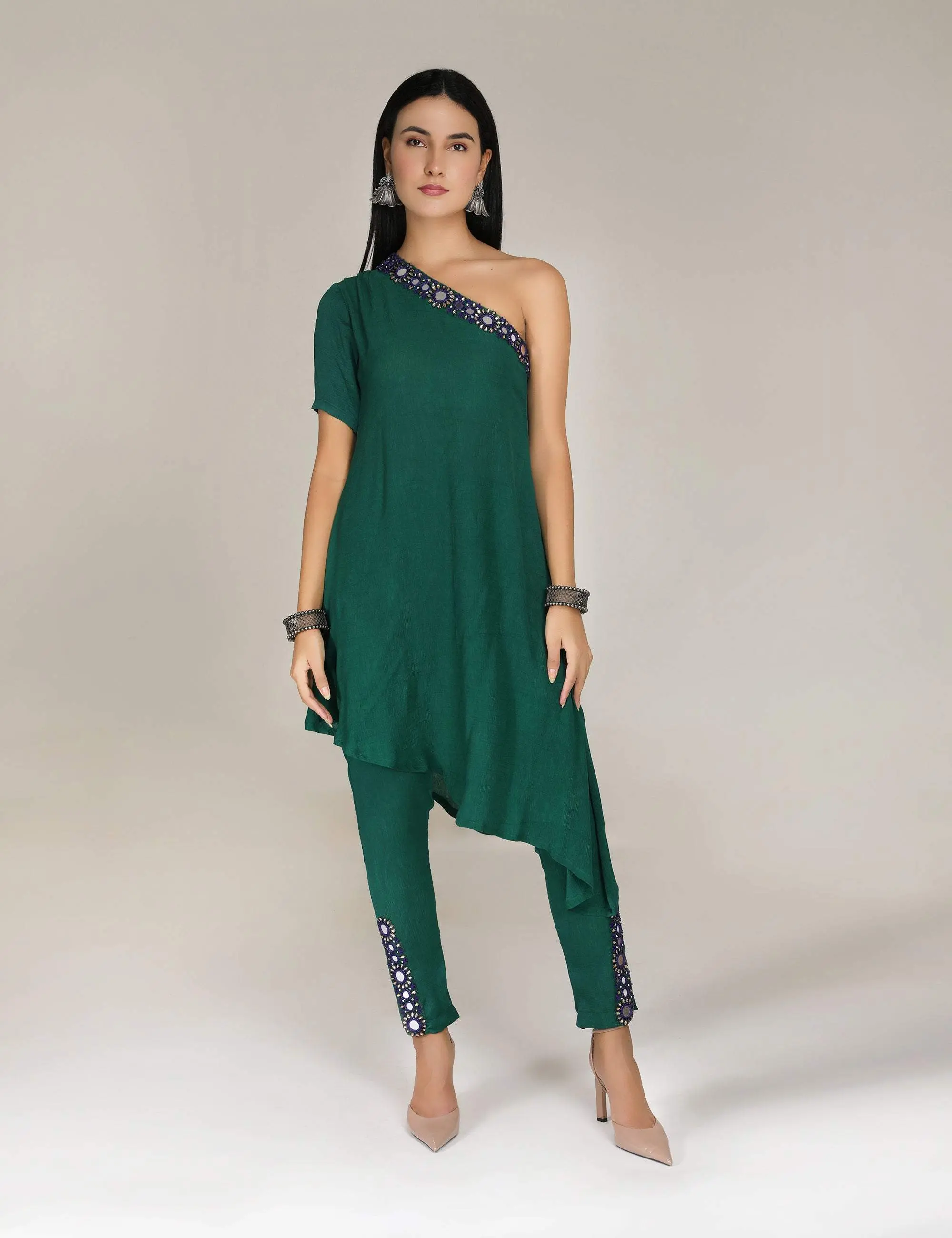 Green Shisheh single shoulder Kurta with Narrow Pants