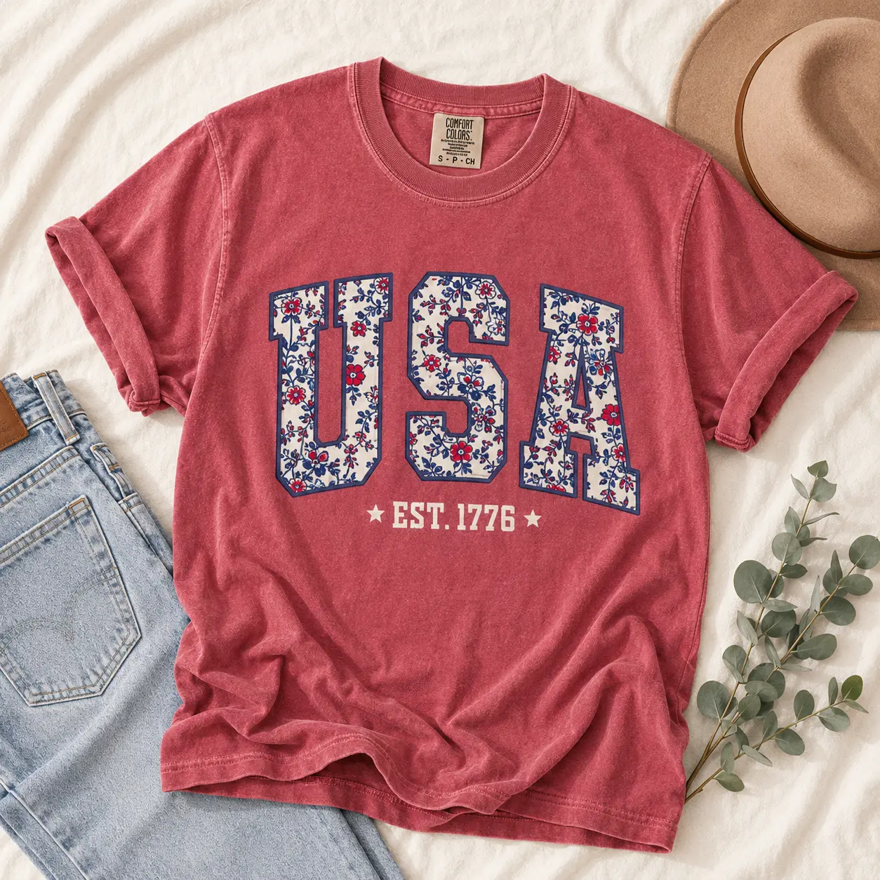 Women's Vintage Round Neck Short Sleeve Comfort Colors USA Faux Patchwork-Print T-Shirt, 4th of July Streetwear, Floral Red White Blue America Est 1776 Patriotic Tee - TrendWear USA