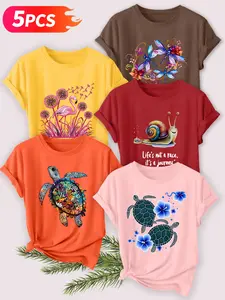 5Pcs Women's Crew Neck T-Shirts, Flamingo & Turtle & Dragonfly Print Set, Multiple Colors Available, Machine Washable, Spring & Summer Tops, Soft Skin-Friendly Fabric, Daily Versatile, Fashion Design