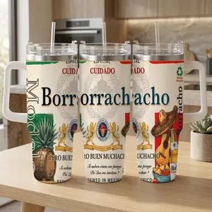 40oz/30oz/20oz Mexican Beer Inspired Tumbler with Handle, Borrachacho Plaid Straw Hat Guitar Print Insulated Stainless Steel Travel Mug, Funny Cinco de Mayo Fiesta Party Decor, Novelty Birthday Gifts for Men Him