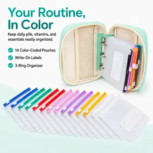 A8 Waterproof Pill Pouch Set - Large Weekly Pill Organizer with 14 Color-Coded Reusable Zippered Pouches for Fish Oils, Vitamins (Home Storage Organizer for Travel Use) Portable Accessory on-the-go Convenience Pill Storage Box Medicine Daily Medication