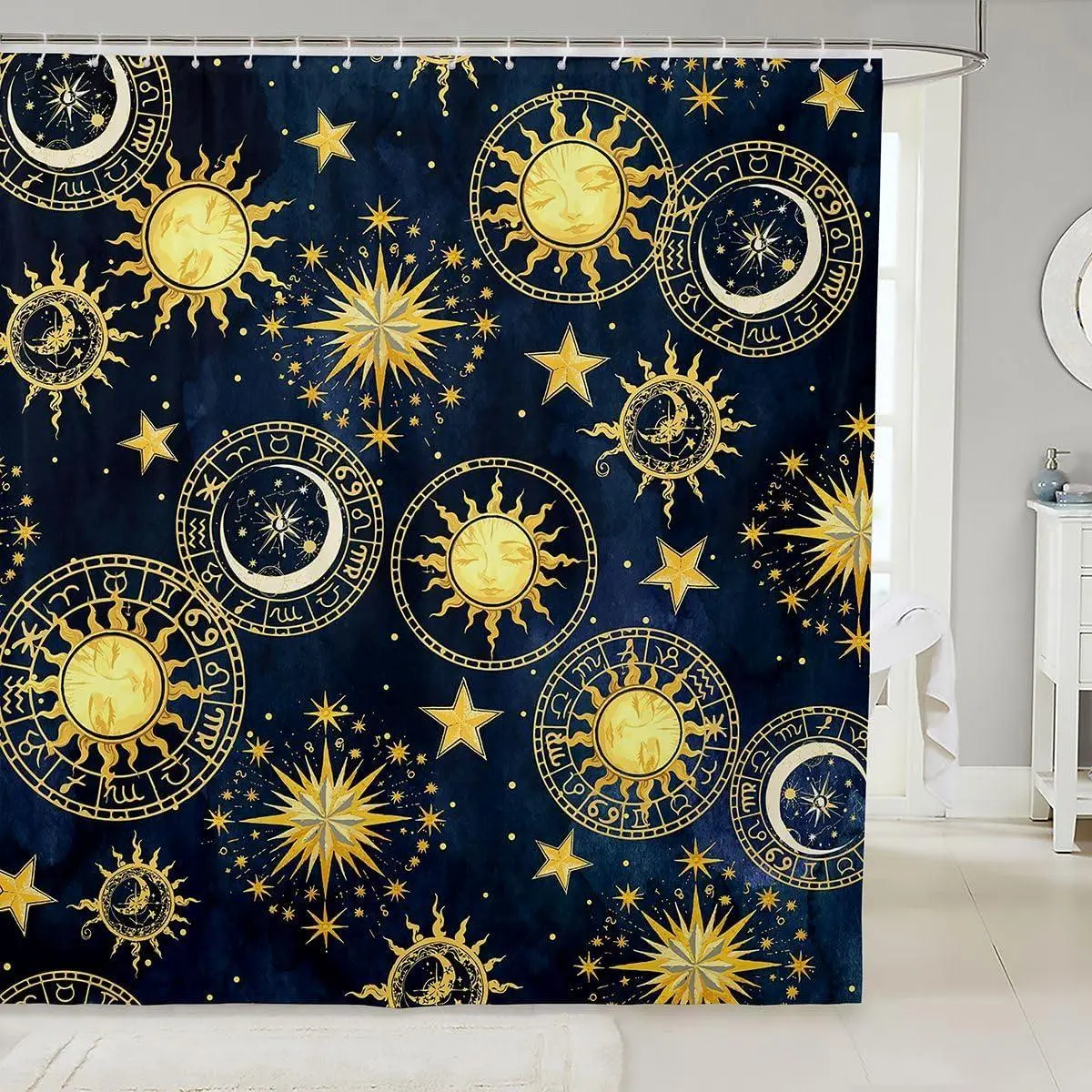 Boho Moon and Sun Shower Curtain Bohemian Galaxy Constellation Fabric Shower Curtains for Bathroom Kids Exotic Stars Blue Golden Bath Curtain Decorative Bathroom Accessories 72 X 72 Inches