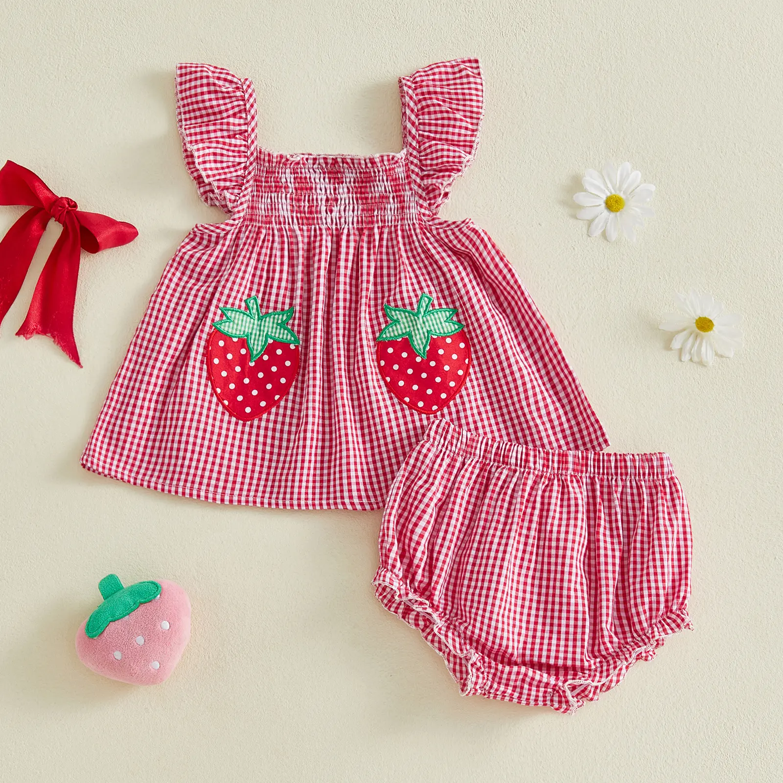 Meihuida Toddler Girls Summer Clothes Ruffle Sleeve Strawberry Gingham Dress Tops Bloomers Shorts Set Cute Spring Outfit