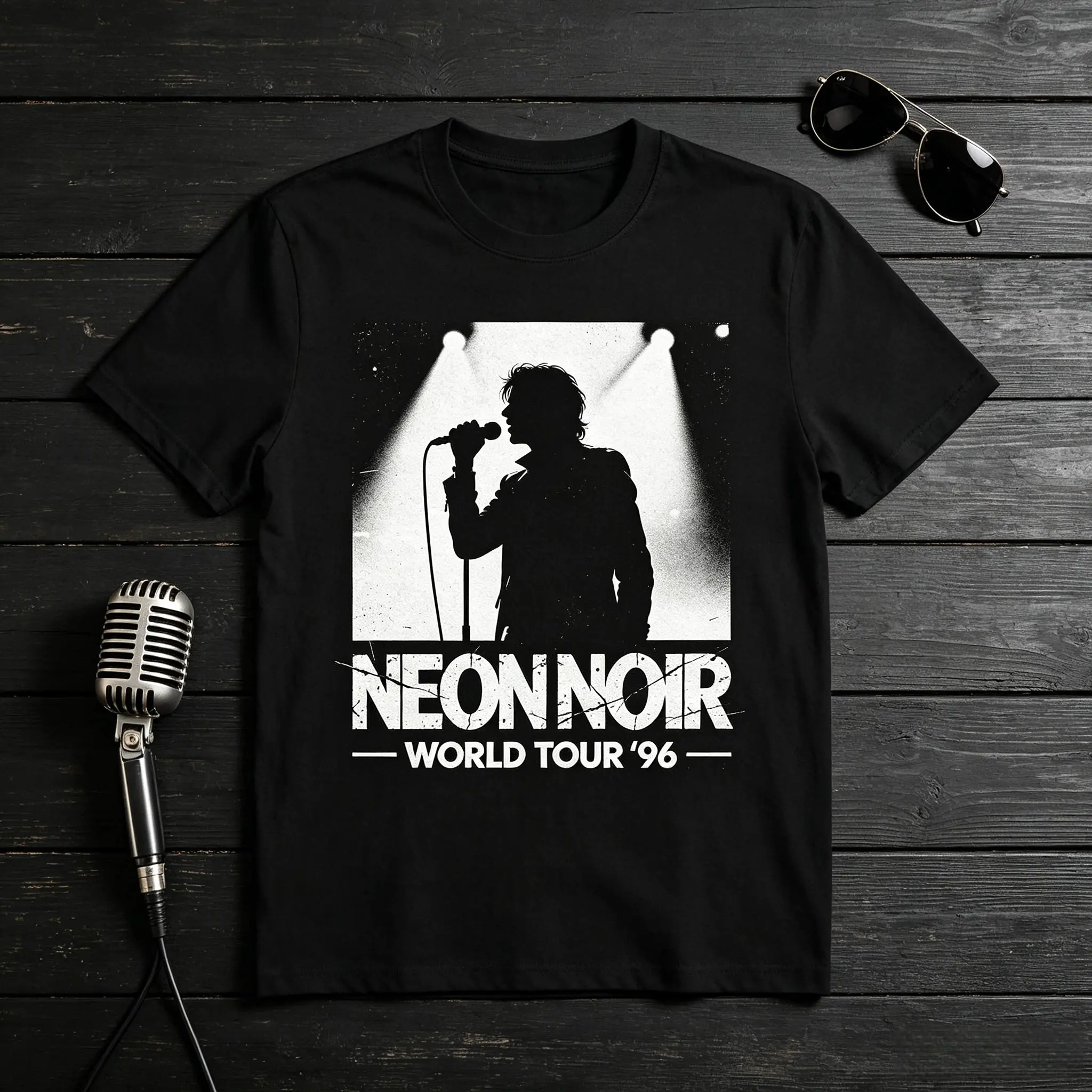 Men's Short-Sleeve Casual T-Shirt - Cool Designed 90s Vintage Band "NEONNOR WORLD TOUR '96" White Grunge Retro Rock Concert Streetwear Menswear Top