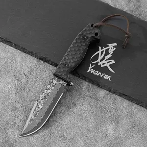 YUANREN Artisan-Grade Damascus Pointed Tip Outdoor Straight Knife! G10 Hammered Grip + 5'' 67 Layers AUS-10 Stainless Steel Blade, Exquisite Leather Sheath,Portable for Fishing/Hiking/Camping/Emergency Cutting,Perfect Gifts