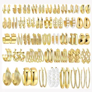 42-Pair Women's Gold Hoop Earrings Set - Hypoallergenic Multi-Size Earrings with Decorative Twisted & Smooth Large/Small Hoops, 42-Piece Earring Collection for Sensitive Skin. Ideal Gift for Birthday, Party, Wedding (Suitable for Year-Round Wear)