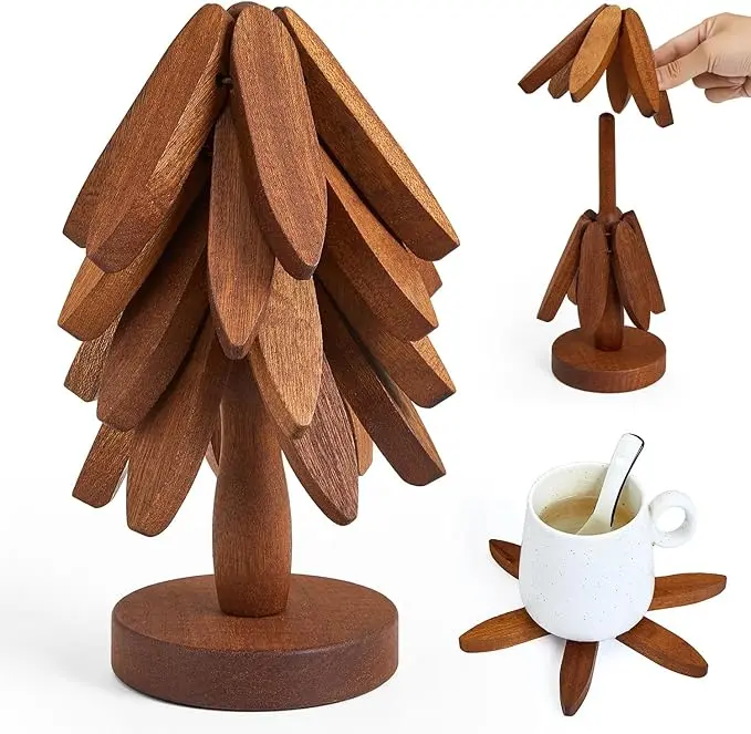 Wooden Trivets for Hot Dishes, Hot Dish Coaster with Tree-Shaped Wood Collapsible Hot Pad Trivet Tree for Restaurant, 4 Wooden Trivet + 1 Stand