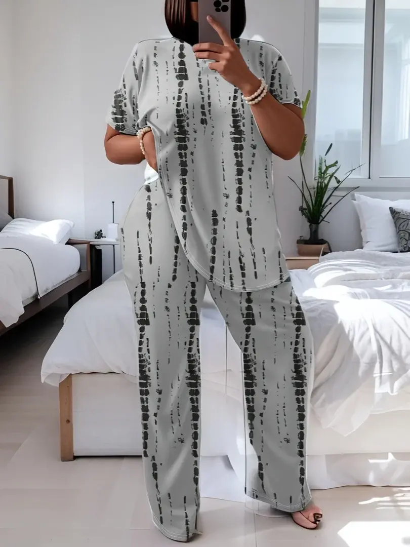 Plus Size Women's 2-Piece Set, Tie-Dye Splatter Print Loungewear with Short Sleeve Crewneck Top and Stretchy Pants, Casual Bohemian Style, Fashion Apparel, Plussize, Short Sleeves, Women's Clothes, Polyester, Fit, Breathable, Two Piece Set
