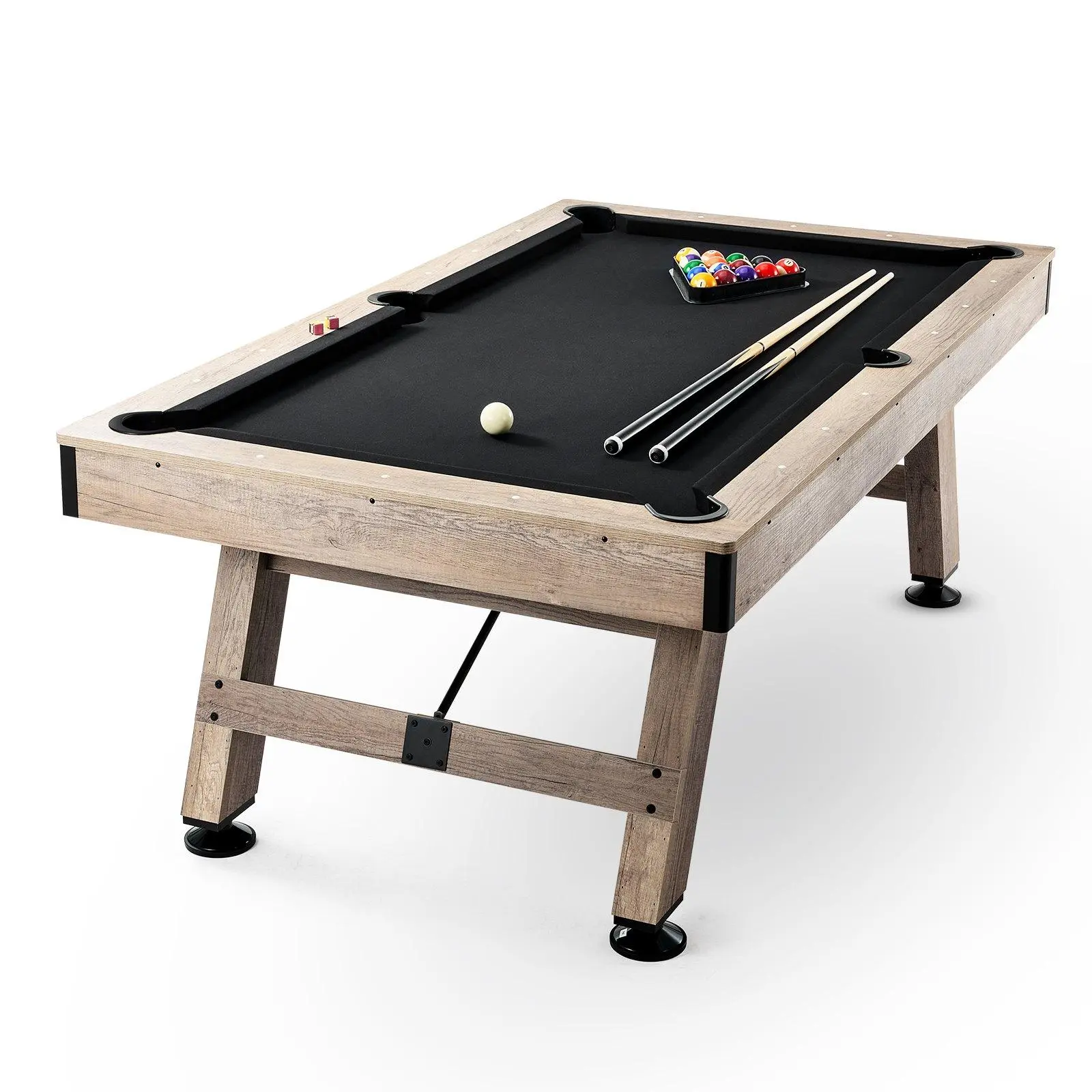 VEVOR 7 ft Wood Frame Billiards Table - Wood Color, Black Cloth, Adjustable Legs for Sturdy Stability, Pre-Assembled Pockets, Included Accessories (Balls, Cues, Chalks, Brush) - Ideal for Family Game Room#SohoChic