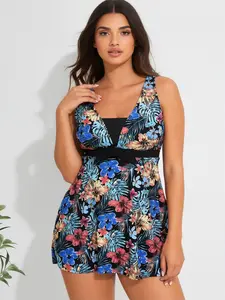 Women's Tropical Floral Print One Piece Swim Dress, V Neck Sleeveless Bow Waist Tummy Control Bathing Suit with Built-in Shorts,with Bow Waist Detail for Summer Vacation