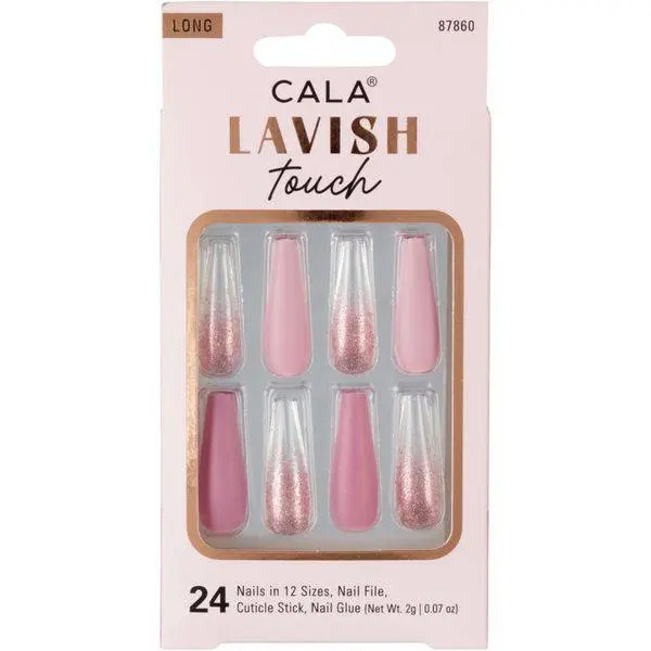 CALA Lavish Touch | Long Coffin Pink Glitter Press On Nails