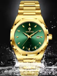 A men's elegant gold stainless steel watch with a green gradient dial, water-resistant date display (quart movement), exuding luxury and vitality.
