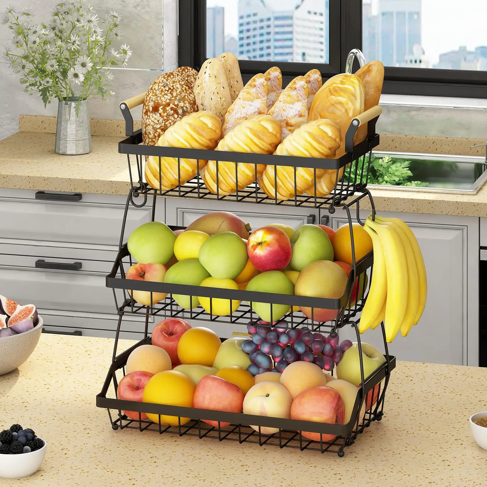 2/3-Tier Metal Fruit Vegetable Storage Basket with Hooks, Space-Saving Kitchen Organizer for Countertop, Pantry, Bathroom, Heavy Duty & Rust-Proof Des